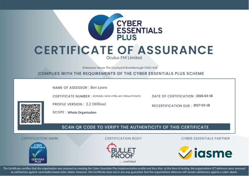 Oculus FM Cyber Essentials Certification